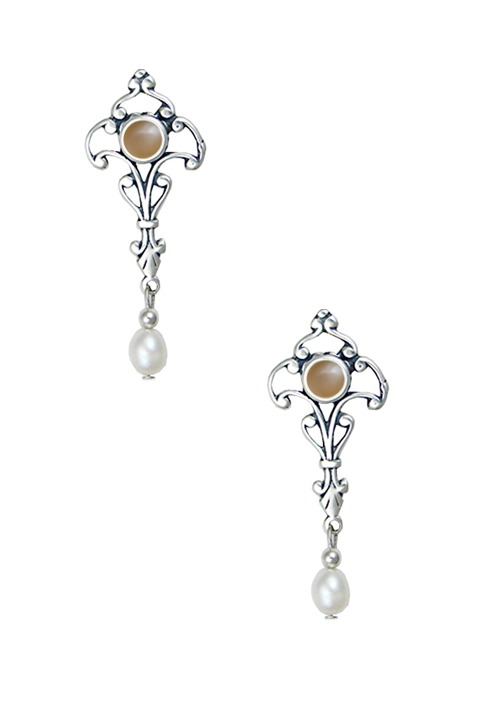 Sterling Silver Romantic Victorian Drop Dangle Earrings With Peach Moonstone